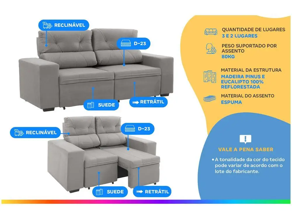 Conjunto de Sofás 2 e 3 Lugares Retrátil - Imagem 2