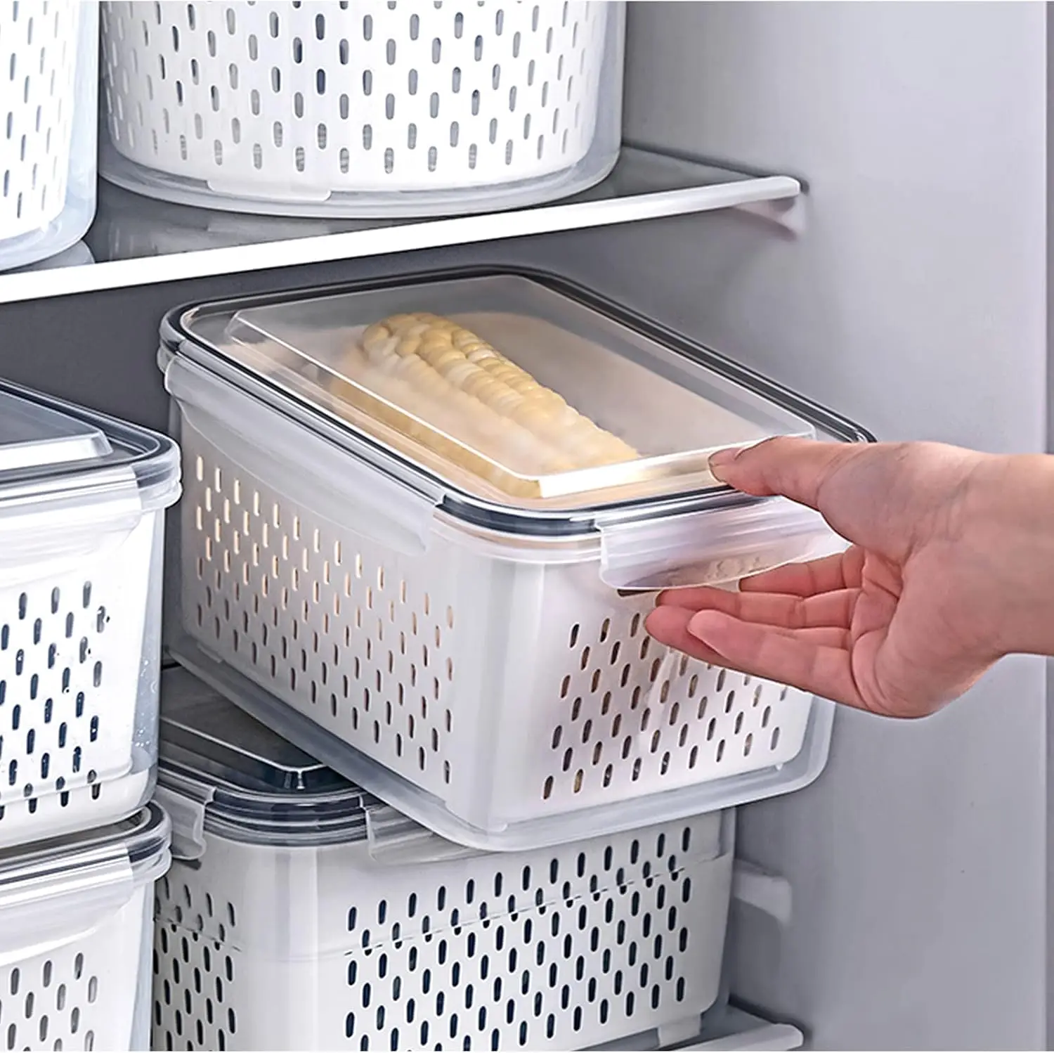 Caixa de preservação selada de camada dupla para geladeira com escorredor removível, caixa de armazenamento de drenagem de frutas e vegetais, economia de micro-ondas