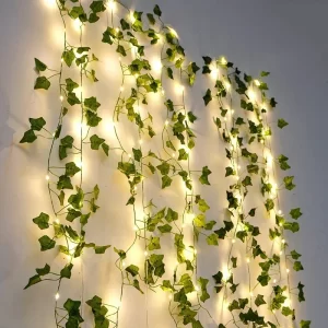 Guirlanda artificial de hera verde com folhas de seda de 2,3 m e luzes LED de 3 m para decoração de casa, casamentos e festas.