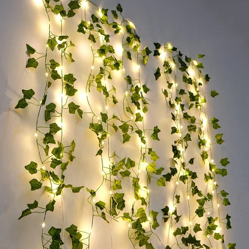 Guirlanda artificial de hera verde com folhas de seda de 2,3 m e luzes LED de 3 m para decoração de casa, casamentos e festas.