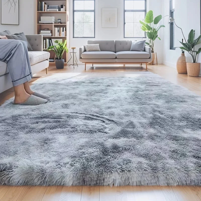 Tapete felpudo cinza para sala de estar, super macio, de pelo longo, para quarto, antiderrapante, ideal para decoração infantil, tapete fofo para cabeceira.